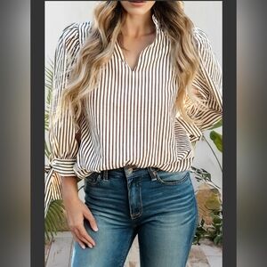 99 Disco Striped Frill V-Neck Bracelet Sleeve Blouse